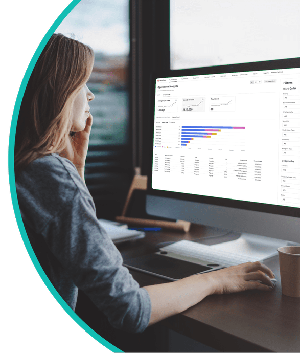 Facility Manager uses Corrigo Business Intelligence Operational Insights Dashboard to view data insights on an iPad.